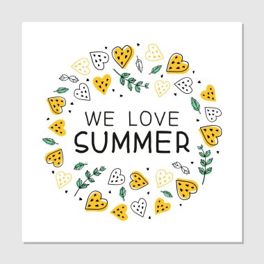 Yazın çizilen düz elli çizgi filmlere bayılırız. Yaz plajı parti davetiyesi. Tropik meyve, kalp ve nane yaprakları. Yazlık afiş, tişört, poster konsepti. Vektör illüstrasyonu