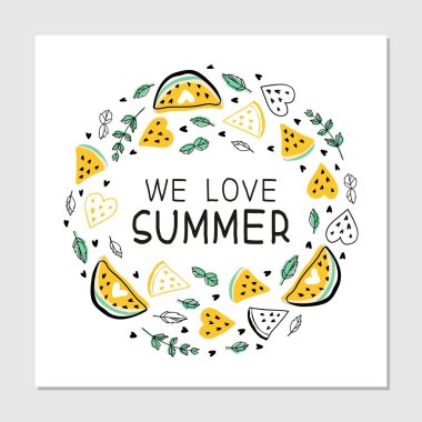 Yazın düz elle çizilen resimlere bayılırız. Meyve kalpleri, sarı karpuz dilimleri, nane yaprakları, el yazısıyla yazılmış minik kalpler. Meyve malzemeleri yuvarlak kompozisyon taslağı. Vektör illüstrasyonu