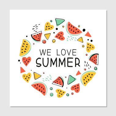 Biz el yazısı ile yazılmış harflerle yaz el çizilmiş hipster çok renkli illüstrasyon seviyorum. Yazlık afiş, tişört, poster konsepti. Çok renkli soyut memphis tarzı tasarım öğeleri. 