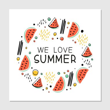 Biz el yazısı ile yazılmış harflerle yaz el çizilmiş hipster çok renkli illüstrasyon seviyorum. Yazlık afiş, tişört, poster konsepti. Çok renkli memphis tarzı tasarım öğeleri. 