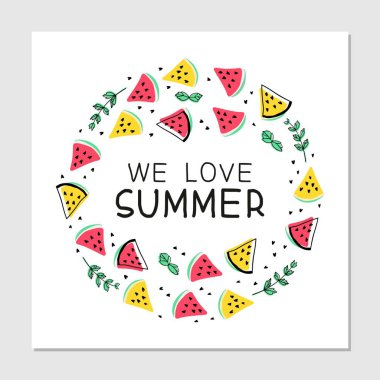 Harflerle çizilmiş çok renkli resimlere bayılırız. Yazlık afiş, tişört, poster konsepti. Karpuz dilimleri ve nane yaprakları. Parlak vektör illüstrasyonu.
