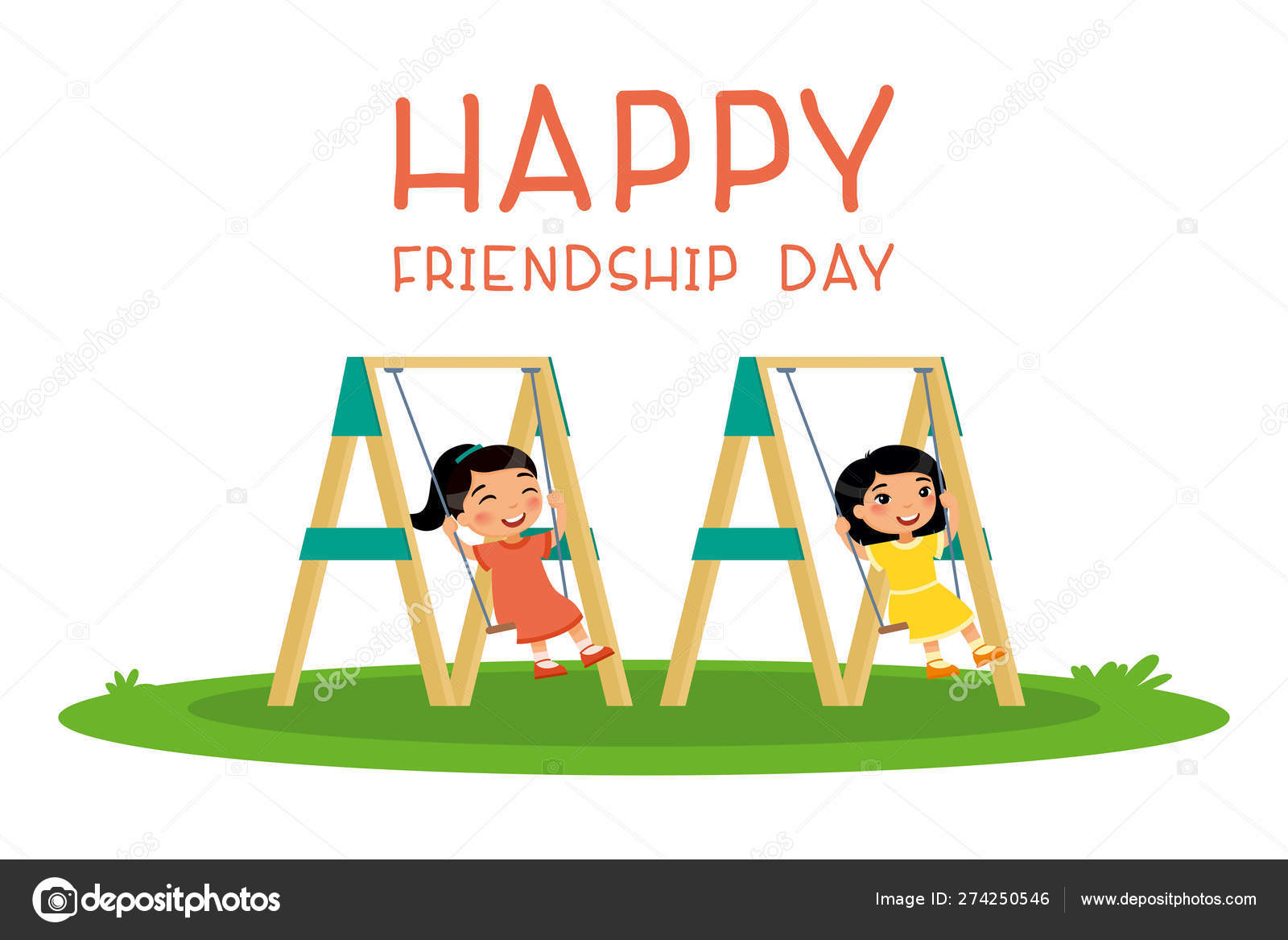 Happy Friendship Day Two Cute Little Asian Girls Swinging Swing Stock  Vector Image by ©nizovatina #274250546
