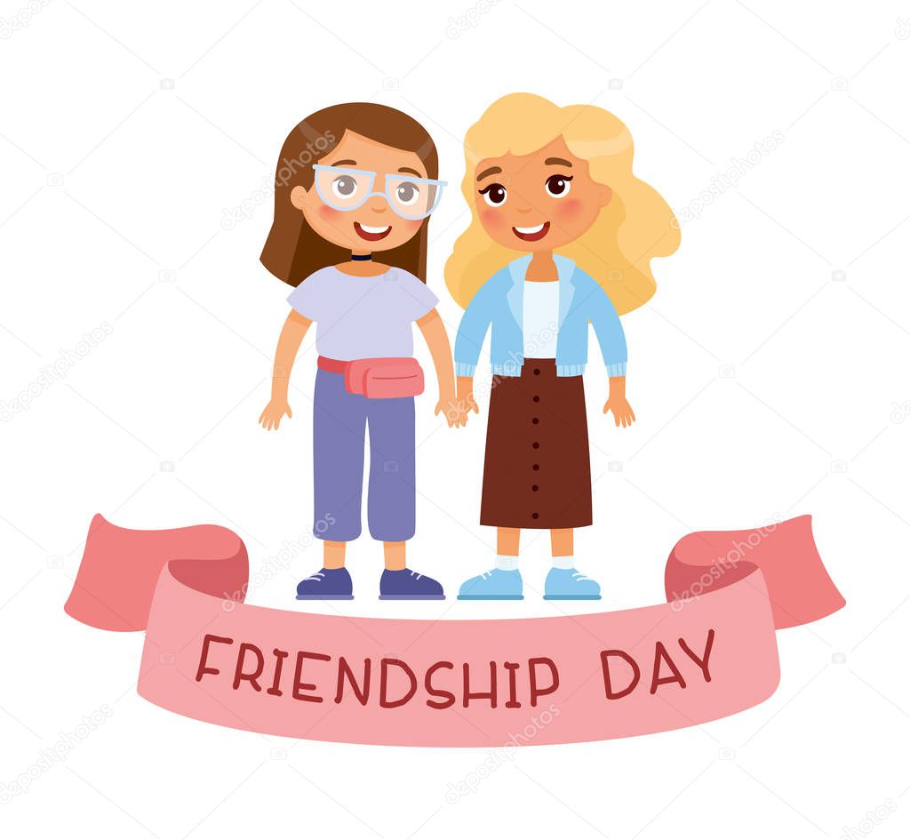 Friendship day. Two young cute girls holding hands