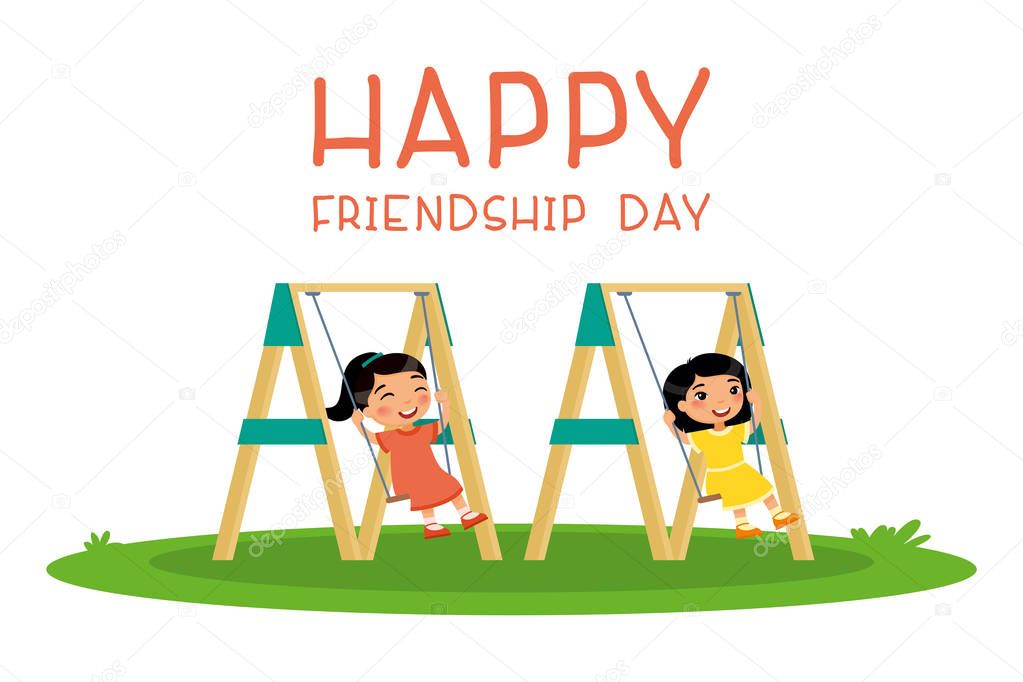 Happy friendship day. Two cute little asian girls swinging on swing in public park or kindergarten playground. Happy school or preschool kids friends playing together outside. Funny cartoon character. Vector illustration. 