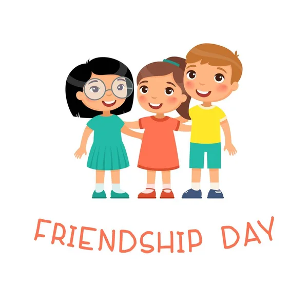 Friendship Day. Three international children hugging.Funny cartoon character. Vector illustration. Isolated on white background