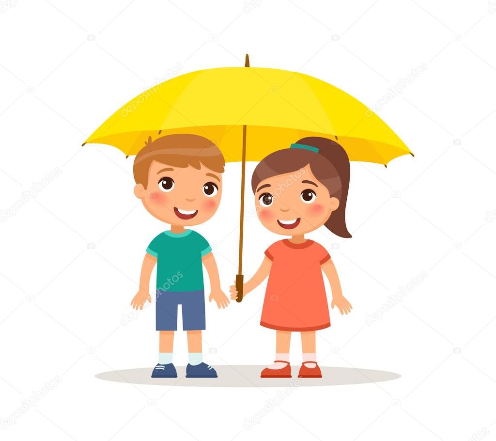 Cute Little Boy And Girl Stand With An Umbrella Happy School Or Preschool Kids Friends Playing Together Funny Cartoon Character Vector Illustration Isolated On White Background Cute Little Boy And Girl Stand With An Umbrella Happy School Or Preschool Kids Friends Playing Together Funny Cartoon Character Vector Illustration Isolated On White Background