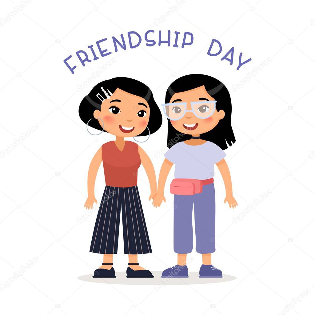 Friendship Day. Two young asian women friends or lesbian couple holding hands.Funny cartoon character. Vector illustration. Isolated on white background
