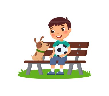 Cute little boy with soccer ball and puppy are sitting on the bench. Happy school or preschool kid and her pet playing together. Funny cartoon character. Vector illustration. vector Cute little boy with soccer ball and puppy are sitting on the bench. Happy school or preschool kid and her pet playing together. Funny cartoon character. Vector illustration. vector