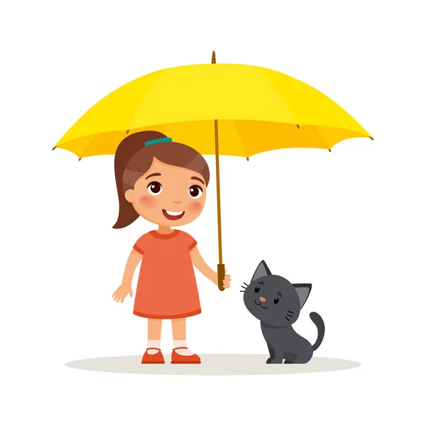 黑色的小猫和可爱的小女孩与黄色伞 快乐的学校或学龄前儿童和她的宠物一起玩 有趣的卡通人物 矢量插图 在白色背景上隔离 — 图库矢量图片