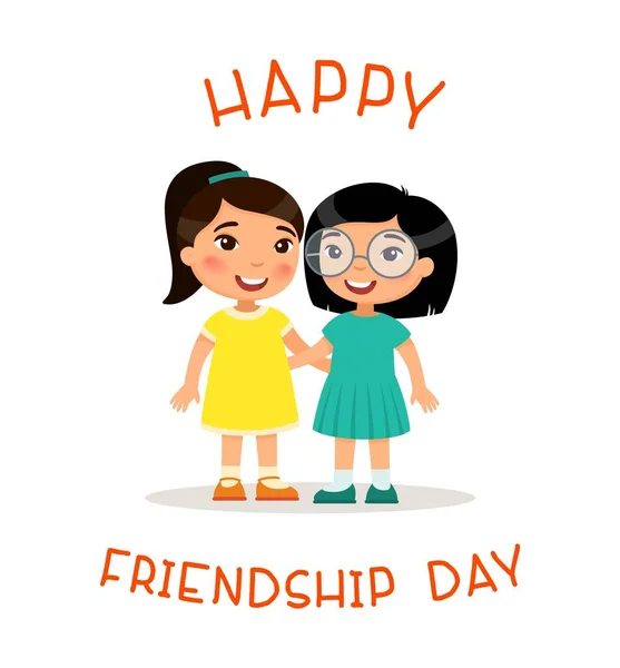 Happy Friendship Day Two Cute Little Asian Girls Hugging Funny — Stock Vector