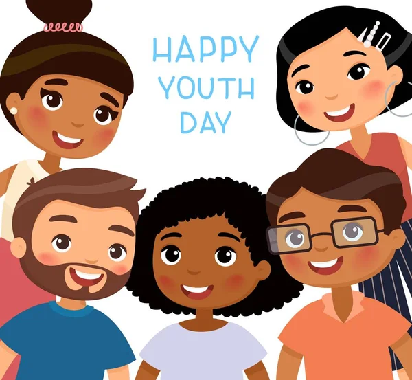 Feliz Día Juventud Chicas Jóvenes Internacionales Amigos Jóvenes Divertido Personaje — Vector de stock