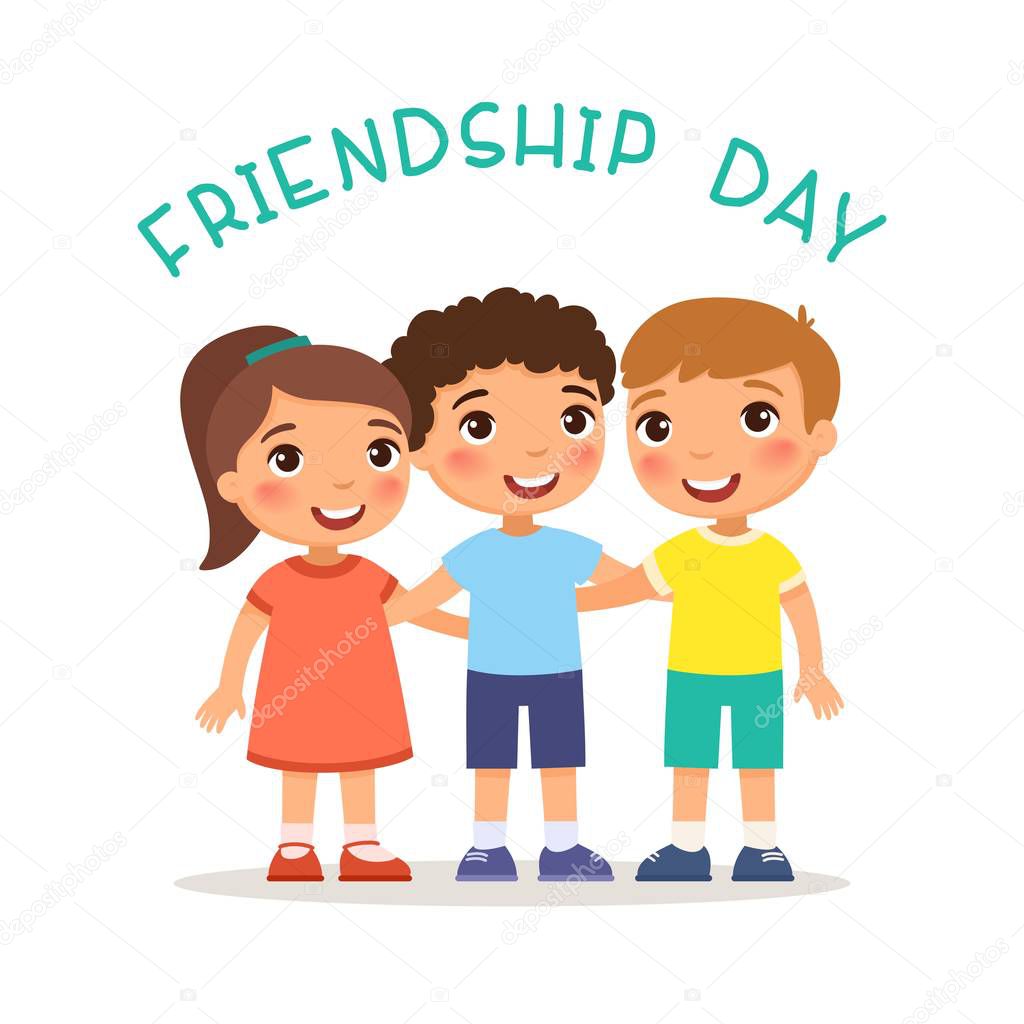 Friendship Day. Two ute little boy andgirl hugging.Funny cartoon character. Vector illustration. Isolated on white background