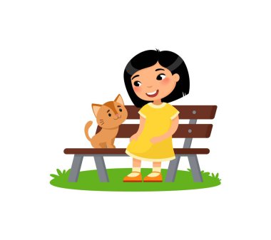 Sevimli küçük Asyalı kız ve kitty bankta oturuyor. Mutlu okul ya da okul öncesi çocuk ve evcil hayvanı birlikte oynuyor. Komik çizgi film karakteri. Vektör illüstrasyon. Beyaz arka planda yalıtılmış.