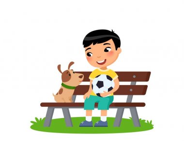Futbol topu ve köpek yavrusu ile sevimli küçük çocuk bankta oturuyor. Mutlu okul ya da okul öncesi çocuk ve evcil hayvanı birlikte oynuyor. Komik çizgi film karakteri. Vektör çizimi. 