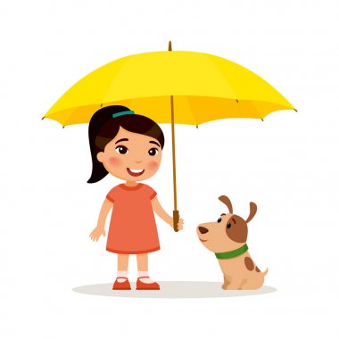 Köpek yavrusu ve sarı şemsiyeile sevimli küçük asya kız. Mutlu okul ya da okul öncesi çocuk ve evcil hayvanı birlikte oynuyor. Komik çizgi film karakteri. Vektör illüstrasyon. Beyaz arka planda yalıtılmış.