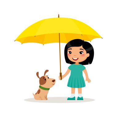 Köpek yavrusu ve sarı şemsiyeile sevimli küçük asya kız. Mutlu okul ya da okul öncesi çocuk ve evcil hayvanı birlikte oynuyor. Komik çizgi film karakteri. Vektör illüstrasyon. Beyaz arka planda yalıtılmış.