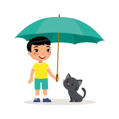 Siyah kedicik ve şemsiye ile sevimli küçük asyalı çocuk. Mutlu okul ya da okul öncesi çocuk ve evcil hayvanı birlikte oynuyor. Komik çizgi film karakteri. Vektör illüstrasyon. Beyaz arka planda yalıtılmış.