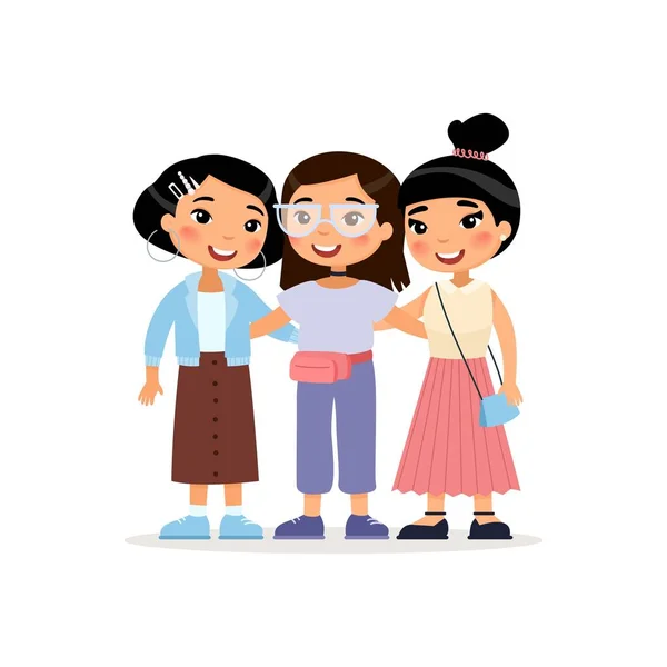 Friendship Day Three Cute Asian Young Girls Hugging Funny Cartoon — Stock Vector