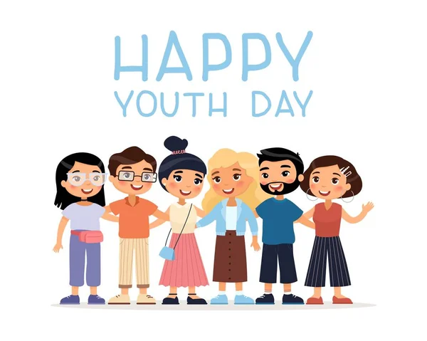 Feliz Día Juventud Seis Jóvenes Internacionales Amigos Varones Abrazándose Divertido — Vector de stock