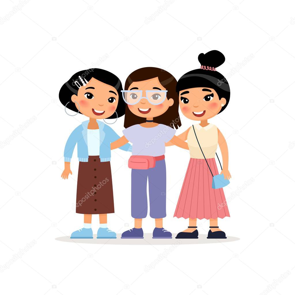 Friendship Day. Three cute Asian young girls hugging. Funny cartoon character. Vector illustration. Isolated on white background