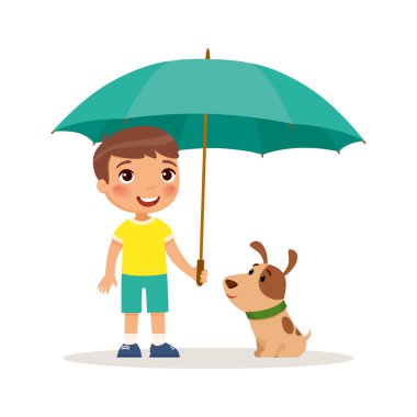 Köpek yavrusu ve sarı şemsiyeli sevimli küçük çocuk. Mutlu okul ya da okul öncesi çocuk ve evcil hayvanı birlikte oynuyor. Komik çizgi film karakteri. Vektör illüstrasyon. Beyaz arka planda yalıtılmış.