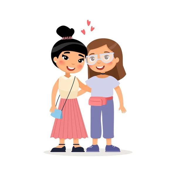Due Giovani Amiche Coppia Lesbica Abbracciare Personaggio Cartone Animato Divertente — Vettoriale Stock