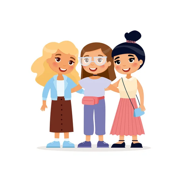 Três Jovens Meninas Bonitos Abraço Personagem Desenho Animado Engraçado Ilustração — Vetor de Stock
