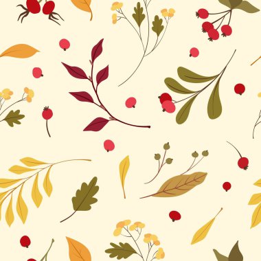 Sonbahar ruh hali düz vektör sorunsuz desen. Rüzgar esiyor, yüzen sarı meşe, akçaağaç yaprakları. Sonbahar kır çiçekleri ve kızılcık. Mevsimlik yabani bitkiler yazı ile çilek. Duvar kağıdı, ambalaj kağıdı tasarımı