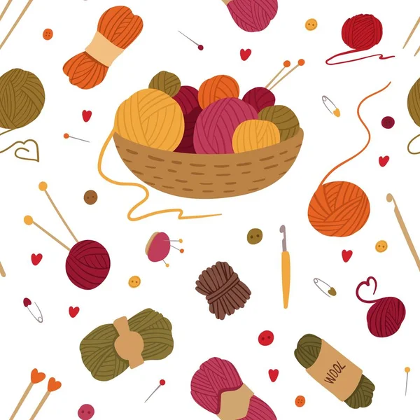 Knitting tools, accessories flat vector seamless pattern. Basket with yarn balls, skeins hand drawn illustration. Handcraft needles, crochets, pincushions. Wallpaper, wrapping paper design