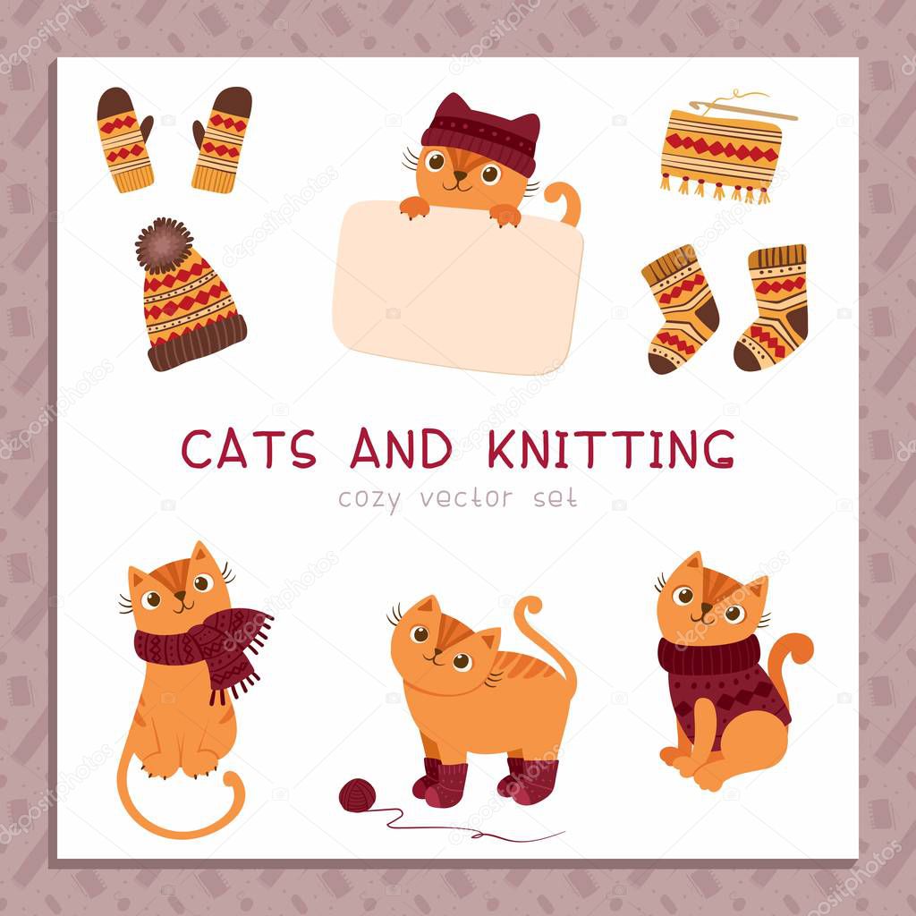 Knitwear for cats flat vector illustrations set