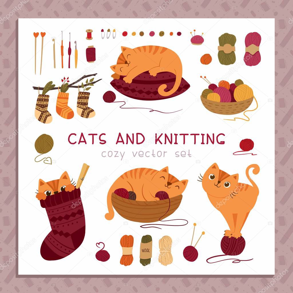 Cats and knitting flat vector illustration set