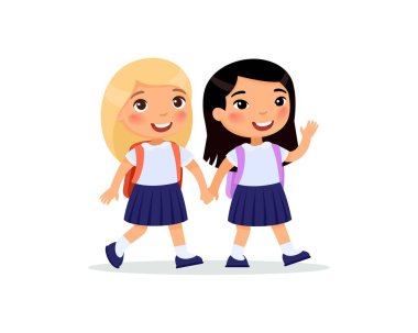 Okul kızlar gidiyor düz vektör Illustration. Üniformalı çift öğrencilerin elle izole karikatür karakterleri tutarak. Sırt çantaları ile iki mutlu İlköğretim öğrencileri el ve tebrik sallayarak