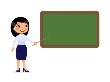 Asya kadın öğretmen ayakta yakın Blackboard düz vektör Illustration. Sınıf karikatür karakteri boş kara tahta işaret gülümseyen öğretmen. Eğitim süreci. Okul dersi, öğretmeni görev açıklayan