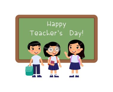 Mutlu öğretmenler gün düz vektör illüstrasyon tebrik. Sınıf karikatür karakterinde tahta yakın duran asyalıöğrenciler gülümseyen. Asyalı okul çocukları öğretmenlerini tebrik eder. Eğitim tatil kutlama