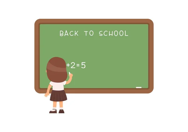 School Girl Standing Blackboard Flat Vector Illustration Elementary School Pupil — Stock Vector