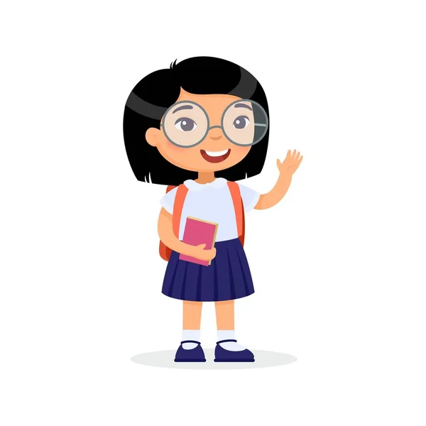 アジアの女子高生 幸せなティーンエイジャーフラットベクトルイラスト 本とバックパック孤立した漫画のキャラクターを持つ女の子 小学生が授業に行く 陽気な若い男子生徒 学校に戻る — ストックベクタ