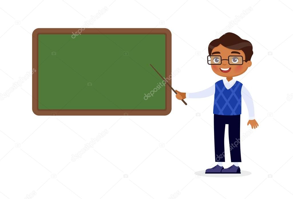 Indian male teacher standing near blackboard flat vector illustration. Smiling tutor pointing at blank chalkboard in classroom cartoon character. Educational process. School lesson, tutor explaining task