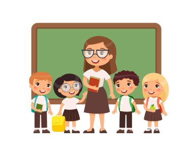 Sınıf düz vektör illüstrasyon öğrencileri ile öğretmen