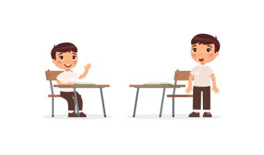 Pupils at lesson flat vector illustrations set. School boy raising hand in classroom for answer, confused pupil thinking task solution cartoon characters. Elementary school education process clipart