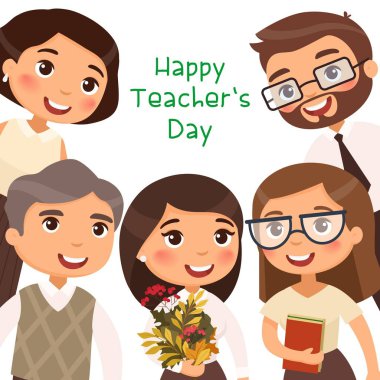 Dünya öğretmenleri gün düz vektör Banner şablonu. Neşeli öğretmenler ve öğrenciler uluslararası tatil kutluyor. Okul çocukları öğretmenlerini tebrik eder. Tebrik kartı; Kartpostal Poster tasarım düzeni