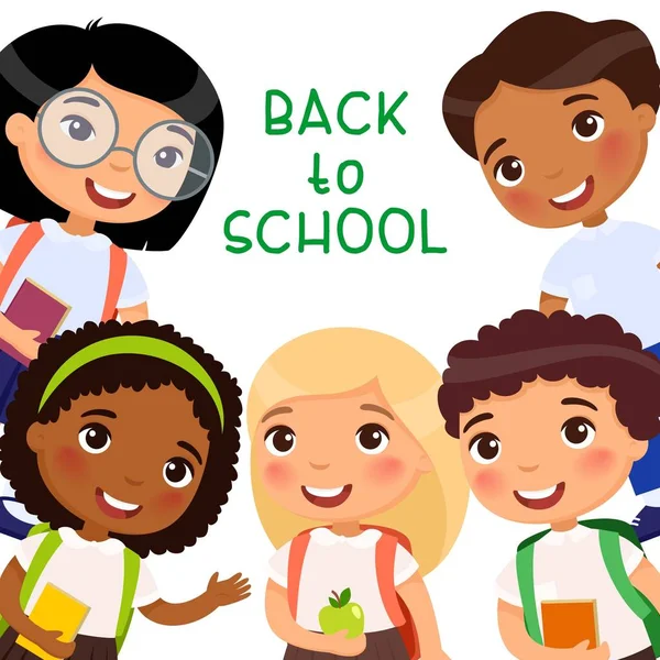 Back School Flat Vector Banner Template Cheerful Pupils Celebrating First — Stock Vector