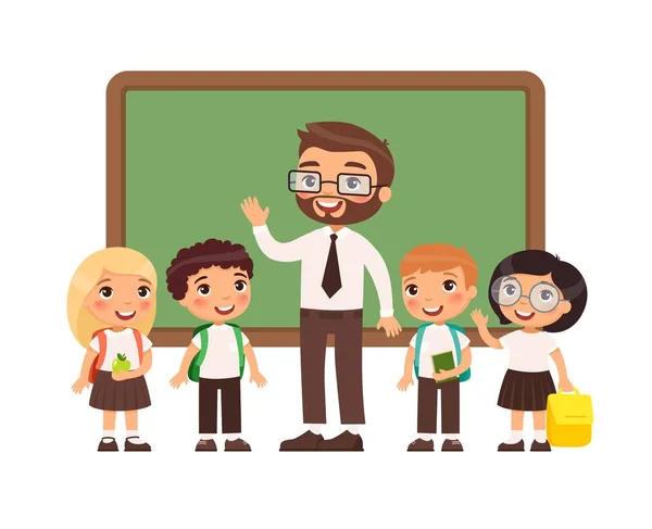 Guru dengan murid dalam ilustrasi vektor datar kelas. Anak laki-laki dan perempuan berpakaian seragam sekolah dan guru laki-laki berdiri di dekat karakter kartun papan tulis. Selamat hari jadi murid SD — Stok Ilustrasi Guru Dengan Murid Dalam Ilustrasi Vektor Datar Kelas Anak Laki Stok Vektor Bebas Royalti