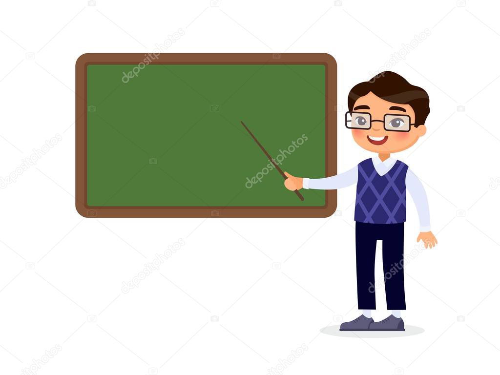 Asian male teacher standing near blackboard flat vector illustration. Smiling tutor pointing at blank chalkboard in classroom cartoon character. Educational process. School lesson, tutor explaining task