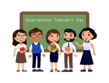 Dünya öğretmenleri gün düz vektör illüstrasyon tebrik. Öğretmen sınıf karakter tahta yakın ayakta. Chalkboard 'da tebrik. Öğrencilerin profesyonel tatil ile okul personeli tebrik