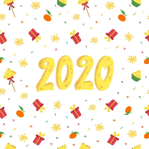 2020 New Year holiday, fest vector seamless pattern. Decorative gifts, stars  on white background. New year banner with cheese numbers, winter season wallpaper, wrapping paper design