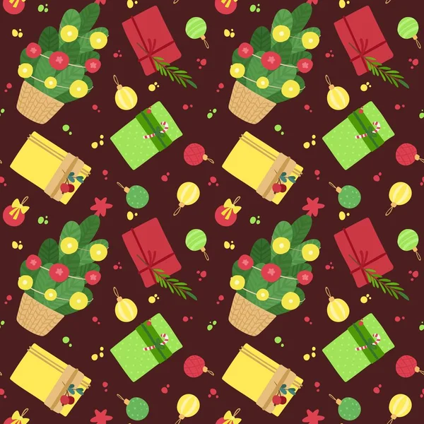 Vacances Nouvel Motif Sans Couture Vectoriel Fête Arbre Noël Jouets — Image vectorielle