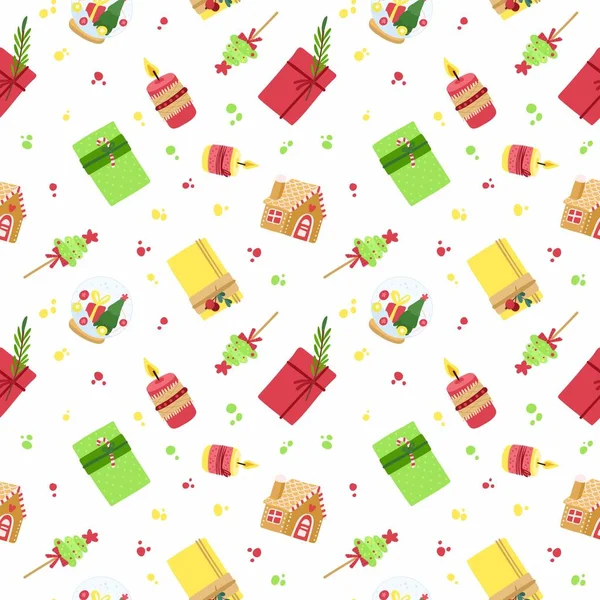 年末年始 お祭りベクトルシームレスパターン キャンドル ギフトボックス プレゼント 白い背景にジンジャーブレッドハウス クリスマスバナー 冬の壁紙 ラッピング紙のデザイン — ストックベクタ