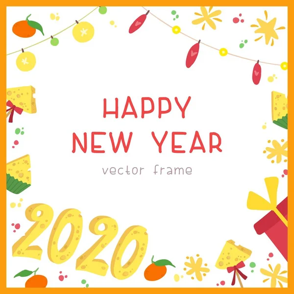 2020 New Year holiday square frame with decorative gifts, stars  on white background. Holiday wishes lettering. New year flat vector social media banner template with cheese numbers.