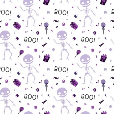 Cadılar Bayramı fest vektör sorunsuz desen. İskelet, tatlılar, beyaz arka plandaki hediye kutuları. Cadılar Bayramı afiş, ekim sezonu duvar kağıdı, ambalaj kağıdı tasarımı