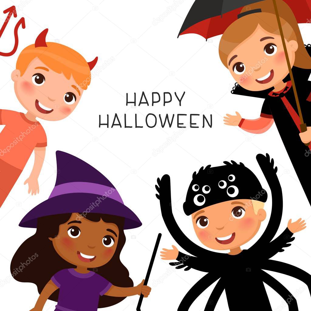 Halloween party flat vector banner template.  Children in spooky monsters costumes flat vector illustrations.Vampire, devil, witch and spider cartoon characters.  Trick or treat october tradition. 
